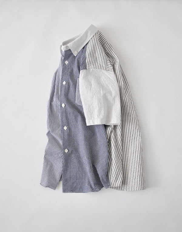 Seersucker short-sleeved patchwork shirt